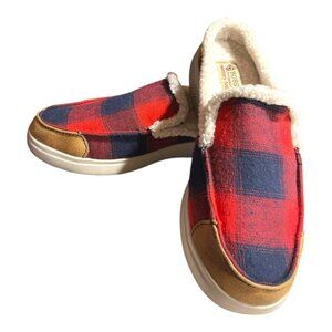 Skechers BOBS Womens Memory Foam Slip-On Shoes Red Plaid Faux Fur Lined Size 9.5